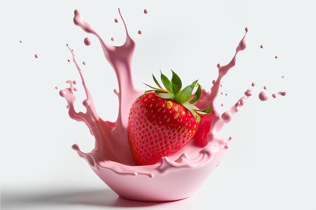 Close up fresh strawberry with splashing milk or fruit yogurt splash cream isolated white background