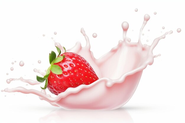 Close up fresh strawberry with splashing milk or fruit yogurt splash cream isolated white background