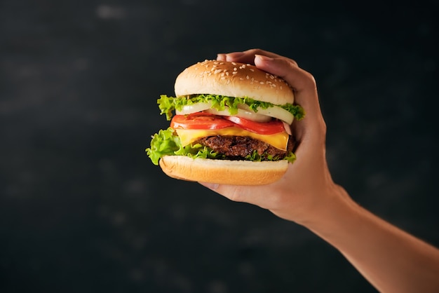 close-up of fresh tasty homemade burger