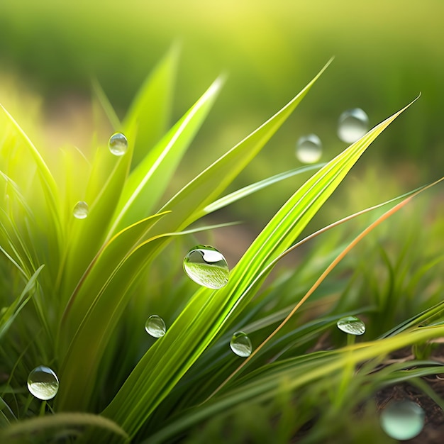 Close up of fresh thick grass with water drops