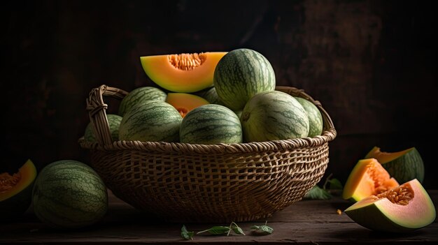 Close up Fresh Watermelon in a bamboo basket with blurred background