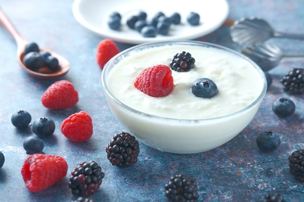 Close up of fresh yogurt with blue berry in a bowl