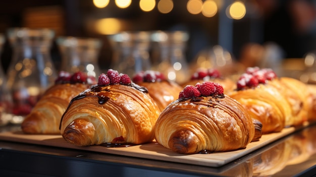 Close up freshly baked pastry goods on display in