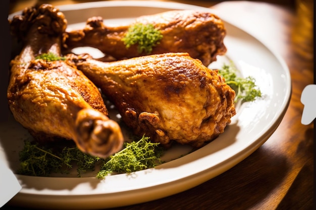 A close up of fried chicken drumsticks on a white round platter an angle