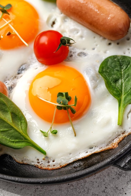 Close up of fried egg breakfast with egg cherry tomatoes\
spinach sausages