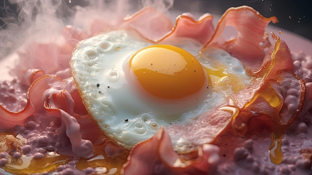 a close up of a fried egg and meats in the style of light pink and dark gray