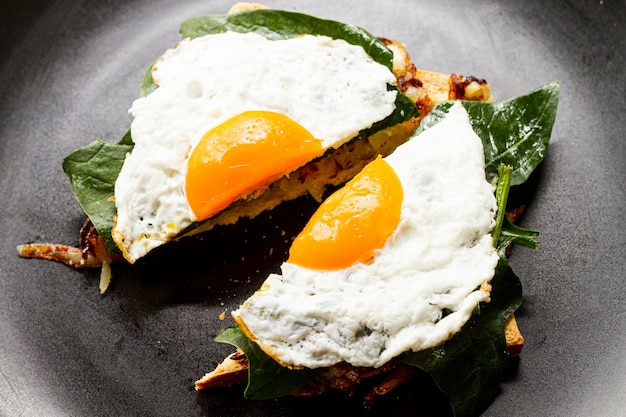 Close up fried egg on waffle