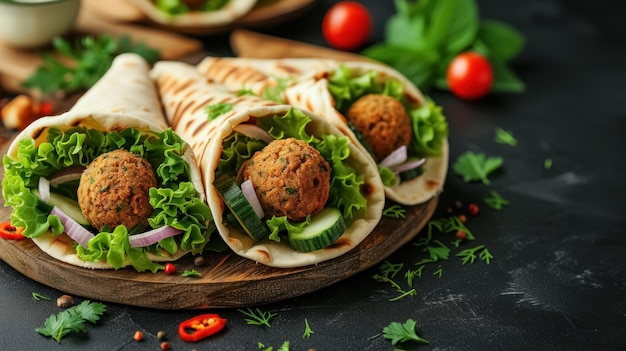 Close up fried falafel balls wrapped in tortilla on wooden cutting board on black background