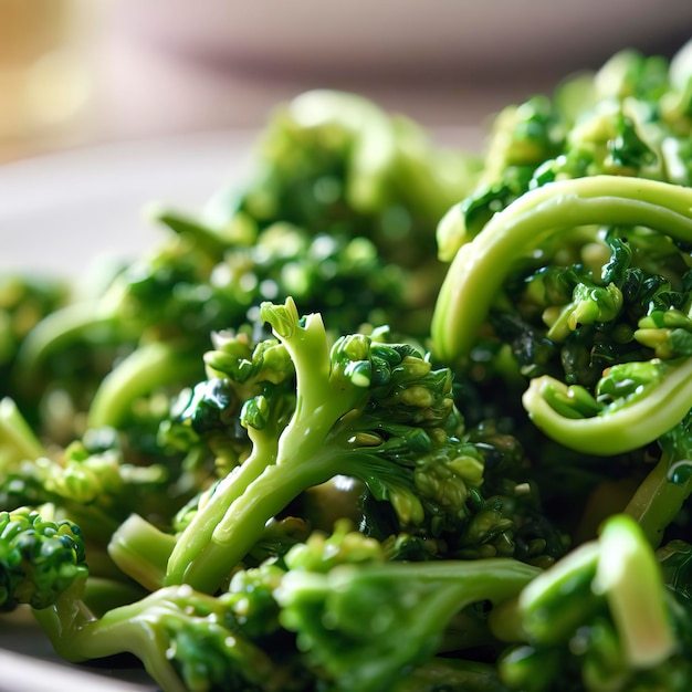 Close up of fried green broccoli sprouts on a plate on the table