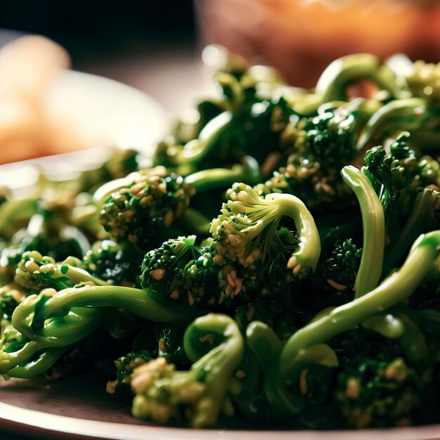 Foto primo piano di germogli di broccoli verdi fritti su un piatto sul tavolo