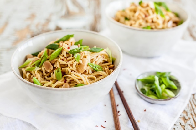 Close-up of fried noodles in bowl on table