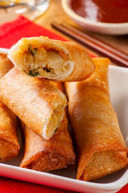 Close up fried spring rolls