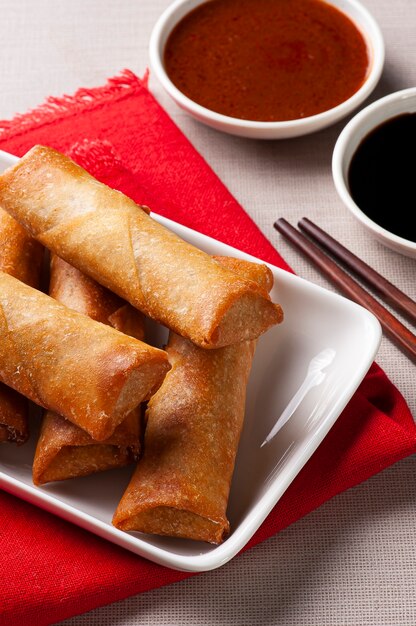 Close up fried spring rolls