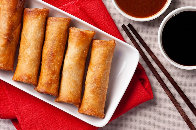 Close up fried spring rolls