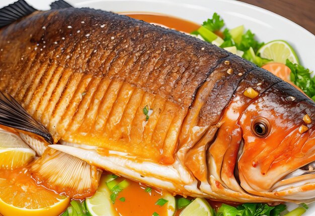 Close up of fried whole fish served with sauce