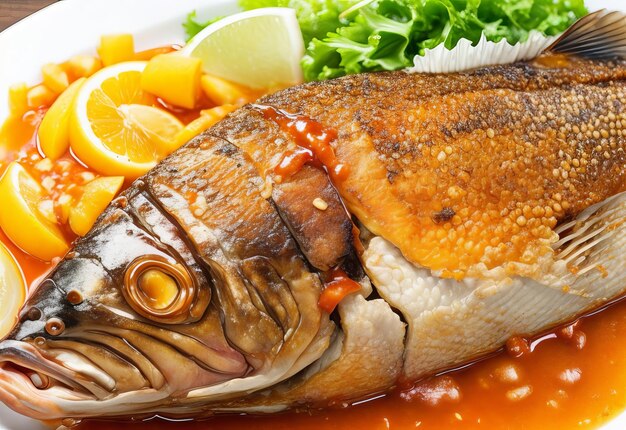 Close up of fried whole fish served with sauce