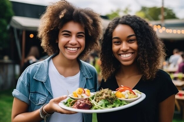 Foto stretti amici con cibo delizioso