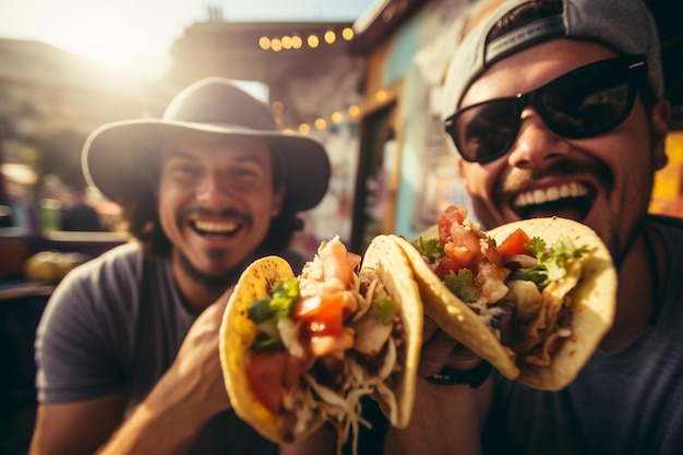 Photo close up friends with drinks and tacos