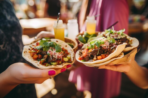 Photo close up friends with drinks and tacos