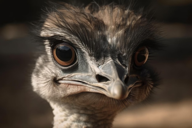 Close up of the frightened and astonished emu head