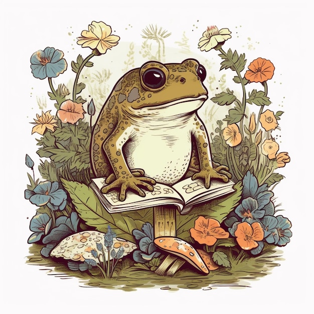 Photo a close up of a frog sitting on a book in a garden generative ai