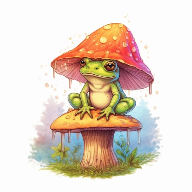 생성 AI에 모자를 달고 버섯 위에 앉아있는 개구리의 클로즈업