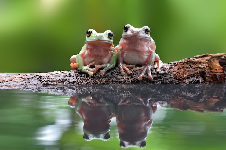 Photo 池の上に落ちた木の上にあるカエルのクローズアップ