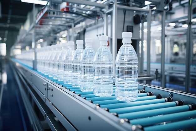 Close up from a bottle industry conveyor plastic bottles with water on production line AI Generative