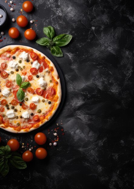 Close up front view of fresh hot pizza on black stone luxury table junk food Generative Ai