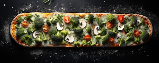 Фото Близкий вид свежей горячей пиццы на черном каменном роскошном столе панорама нездоровой пищи generative ai