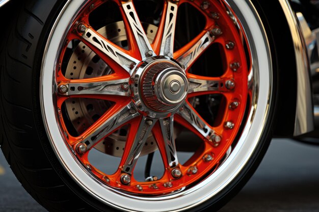 Close up of the front wheel of a Harley