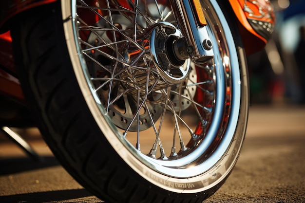 Close up of the front wheel of a Harley