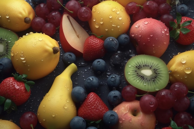 Крупный план фруктов, включая киви, киви, чернику, киви и киви