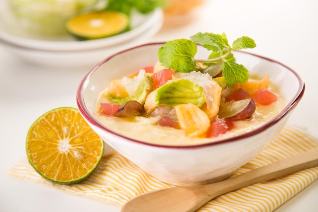 Close-up of fruit soup on table