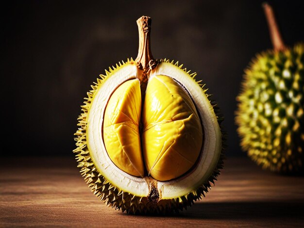 Foto un primo piano di un frutto con una pelle gialla e un frutto verde sullo sfondo