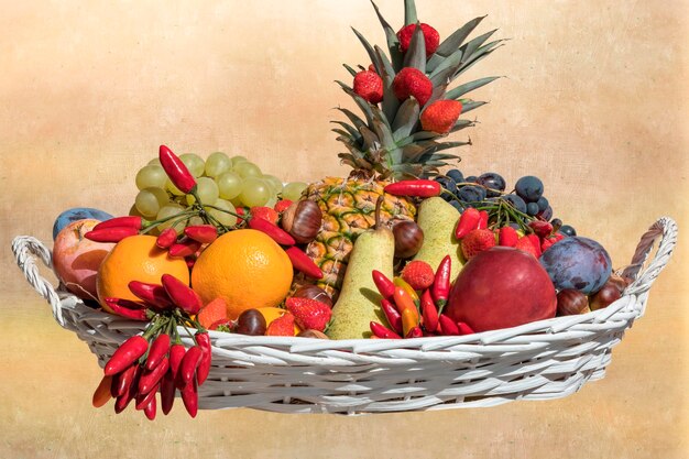 Close-up of fruits in basket on table against wall