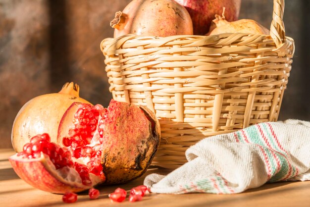 Close-up of fruits in basket on table