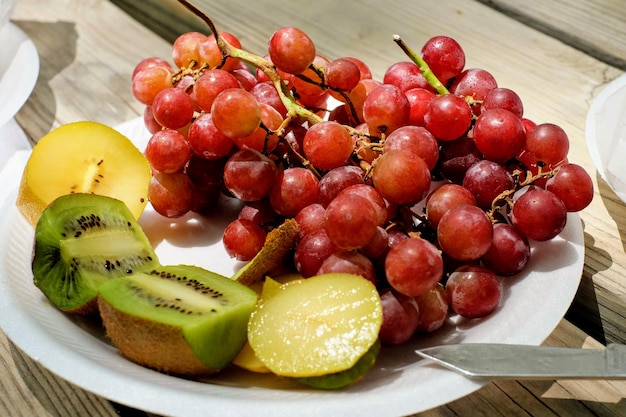 Close-up of fruits in plate on table