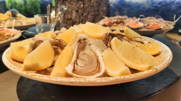 Close-up of fruits in plate on table