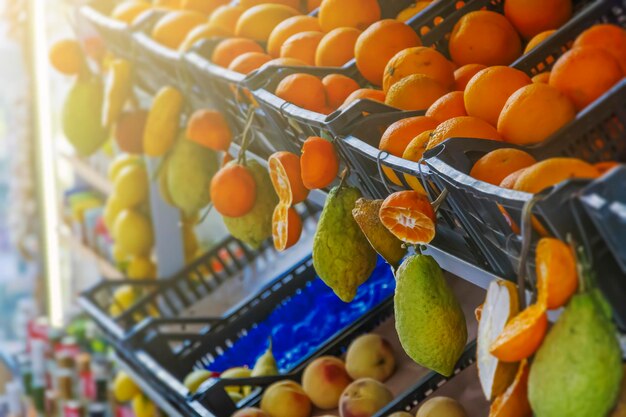 Photo close-up of fruits for sale in market