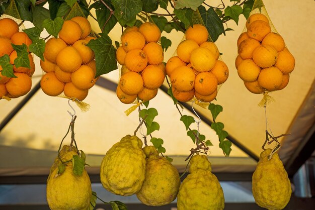 Foto prossimo piano di frutta per la vendita al mercato