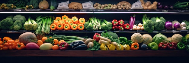 Photo close up of fruits and vegetables on shelf in supermarket