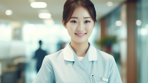 사진 간호사 유니폼을 입은 젊은 한국인 간호사 소녀의 전체 몸 사진 중간 어두운 머리카락이 웃고 있습니다.