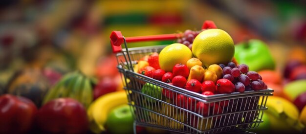 Close up full shopping cart in grocery store fruit shop indoor background