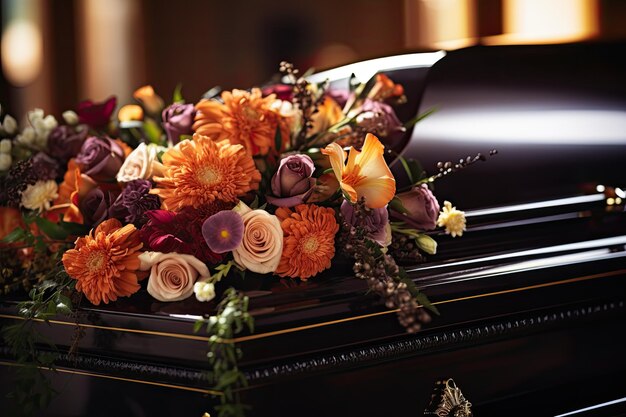 Close up of funeral casket in hearse chapel or cemetery burial