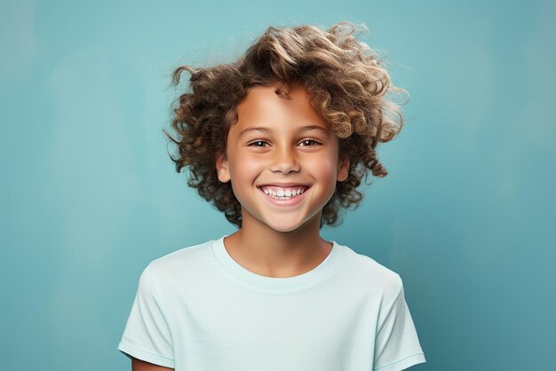 Photo close up of funny cute ginger boy with smiling face expression model