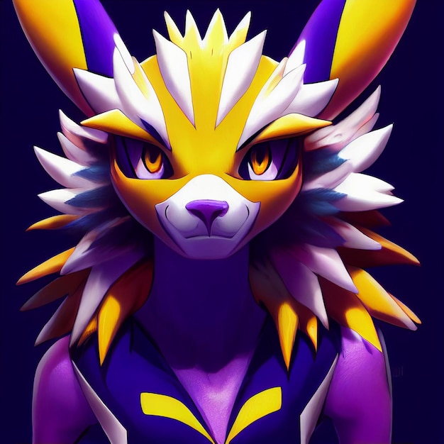 Close up of a furry animal wearing a purple and yellow outfit generative ai