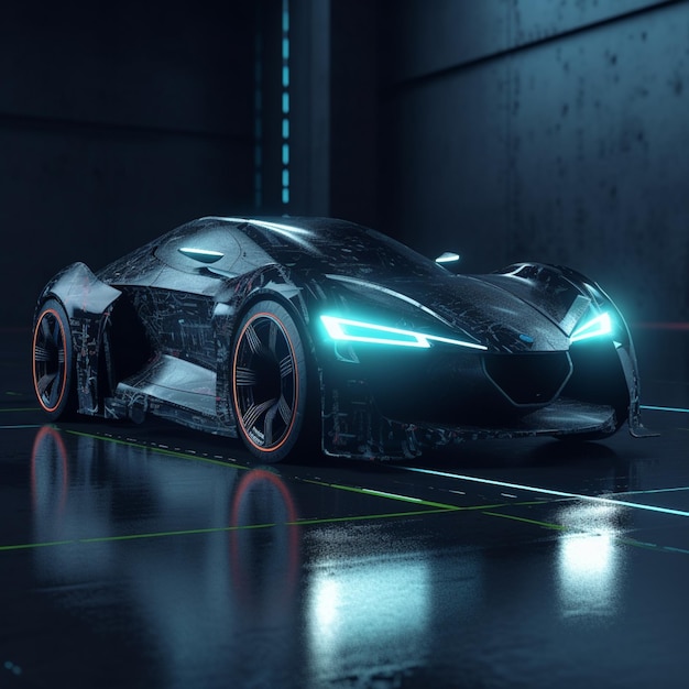 A close up of a futuristic car in a dark room generative ai