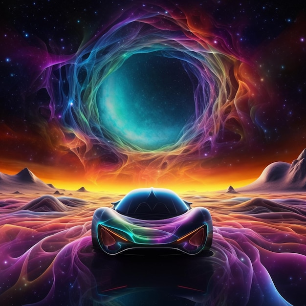 A close up of a futuristic car in a desert with a large black hole in the background generative ai