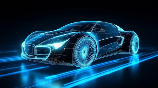 A close up of a futuristic car on a track with a blue light generative ai